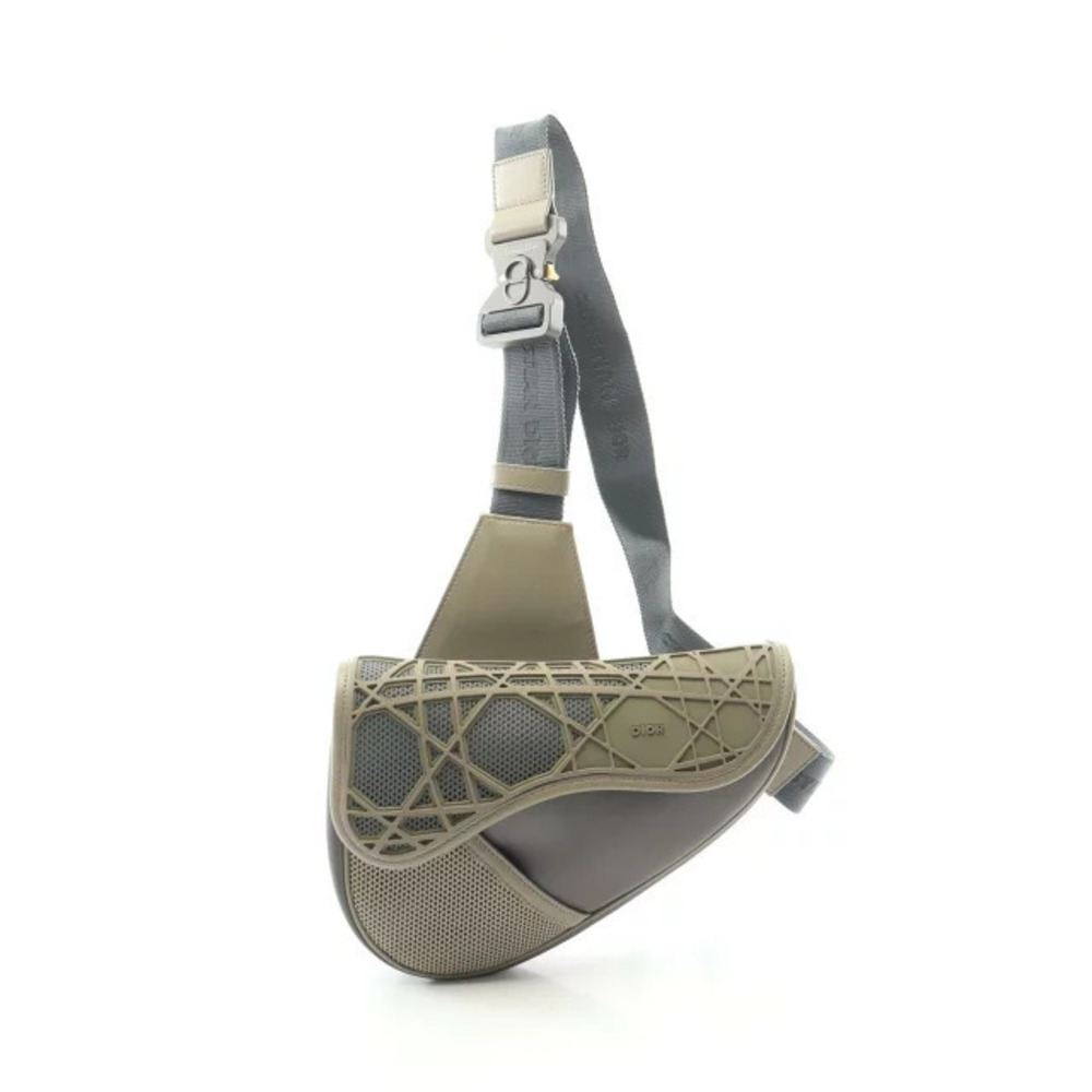 Christian Dior SADDLE Mesh Waist Bag Body Leather Gray Beige Cream